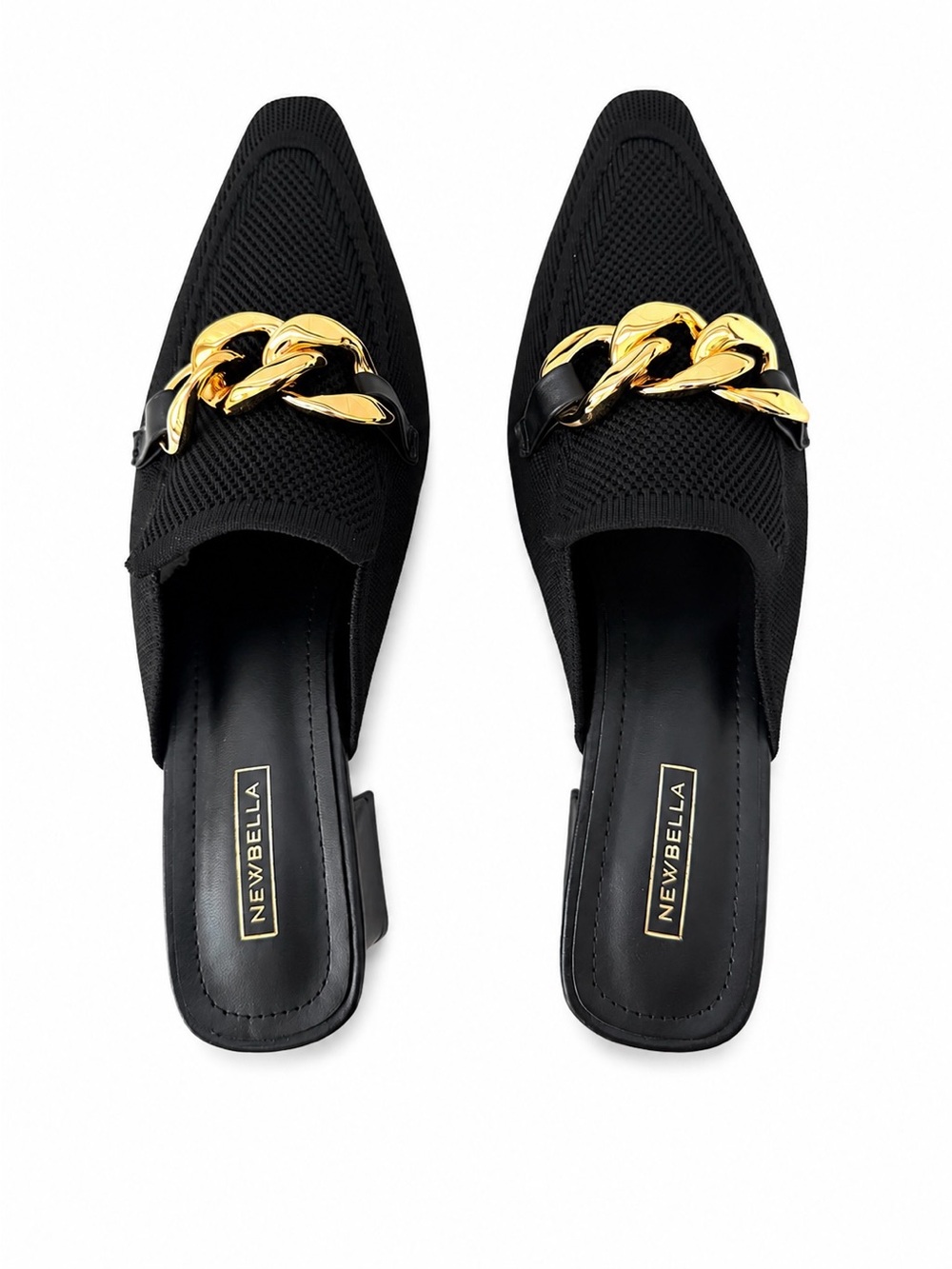 Newbella Black Pointed Toe Slip-On Mules with Gold Chain Accent NWT